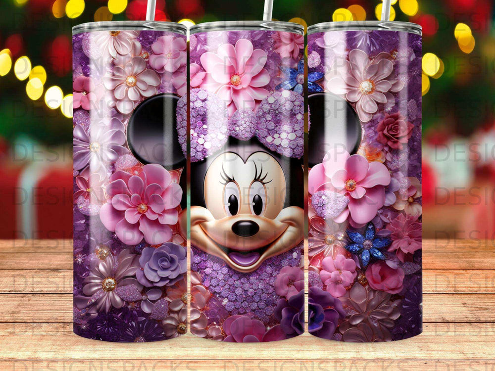 Minnie Mouse tumbler with purple flowers and glitter accents.