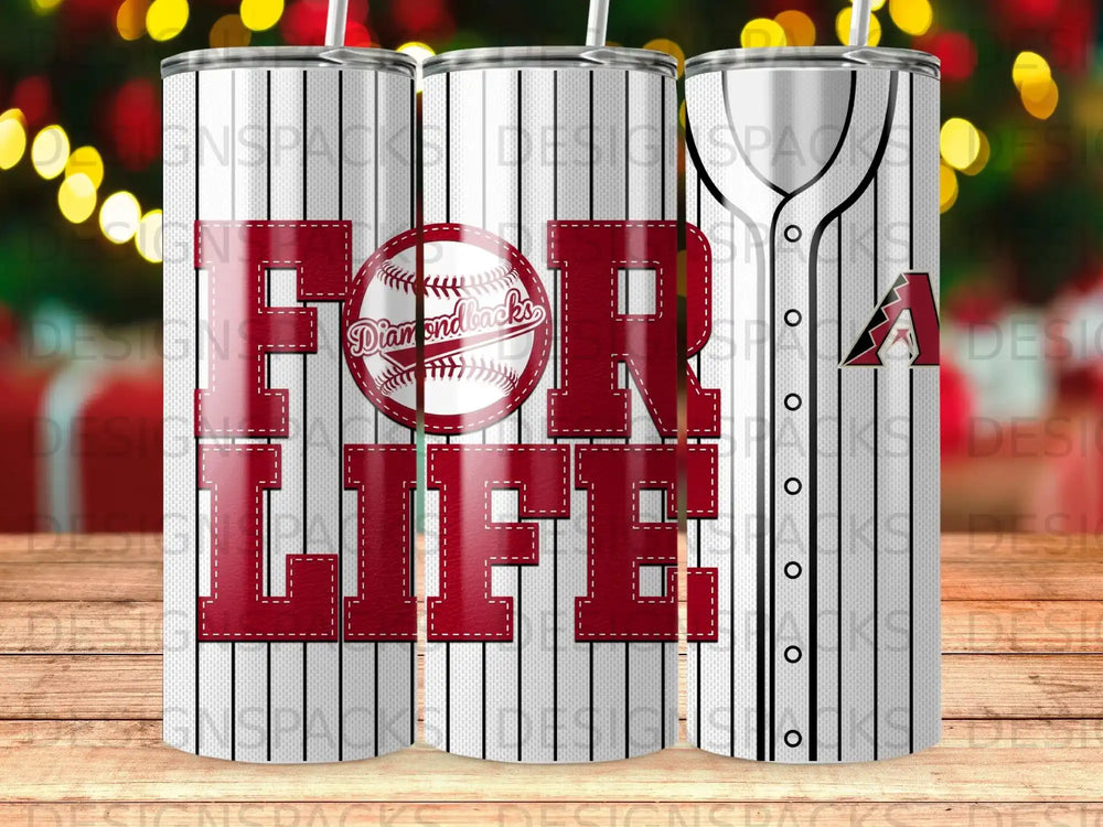 White baseball stitches on a tumbler with "FOR LIFE" and a diamondbacks logo.