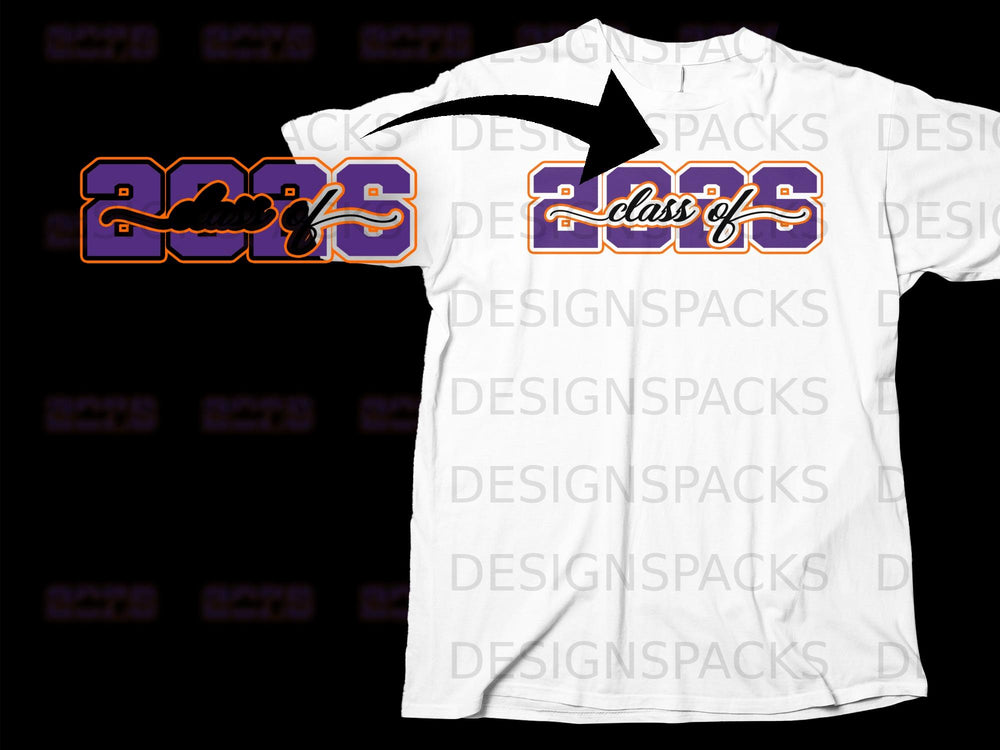White t-shirt with "Class of 2025" text in purple and orange.