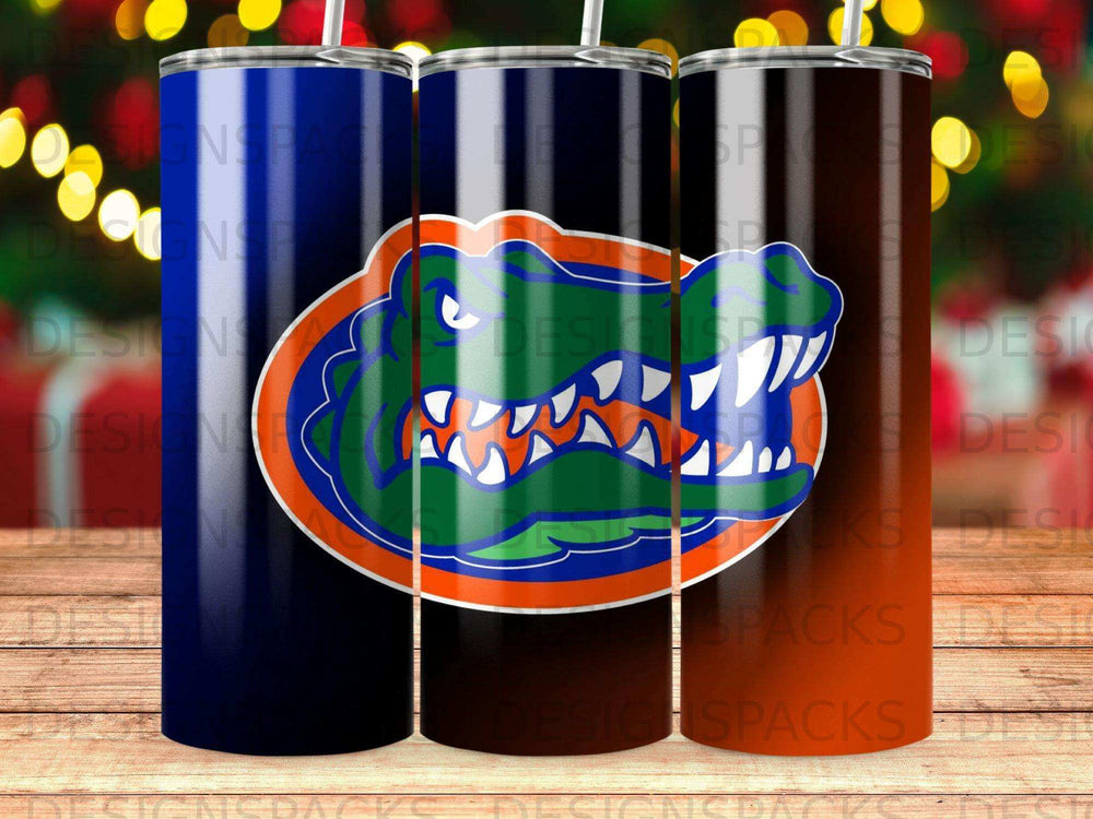 Blue, black, and navy tumblers with Florida Gators logo.
