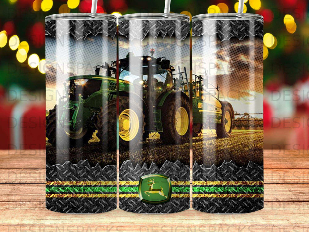 Green John Deere tractor with metallic diamond plate and stripe design.