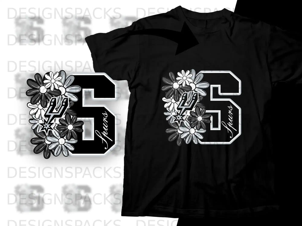 Black t-shirt featuring "Spurs" text and a floral number 5 graphic.