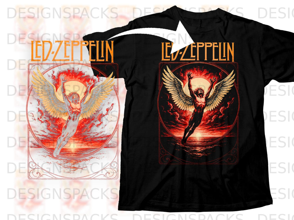 Black t-shirt with Led Zeppelin album art featuring Icarus and a sun.