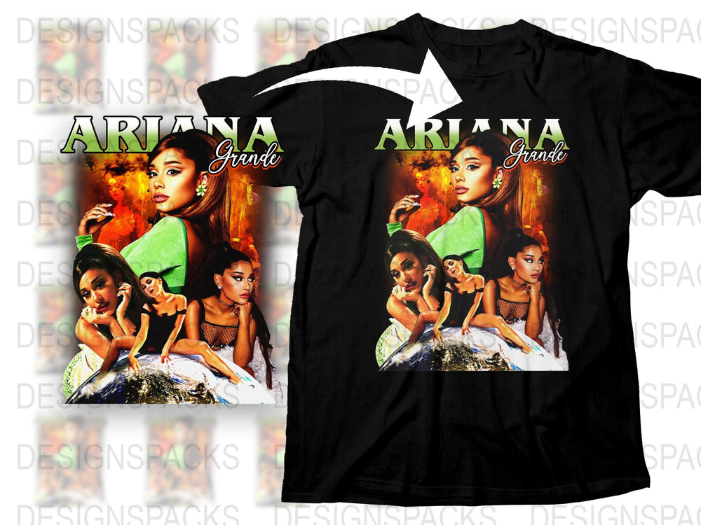Ariana Grande Inspired T-Shirt, Pop Culture Music Tee, Black Graphic Shirt with Celebrity Multiple Poses Design