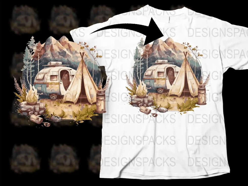 Vintage Camper T-Shirt, Nature Camping Graphic Tee, Mountain and Forest Print, Outdoor Adventure Apparel