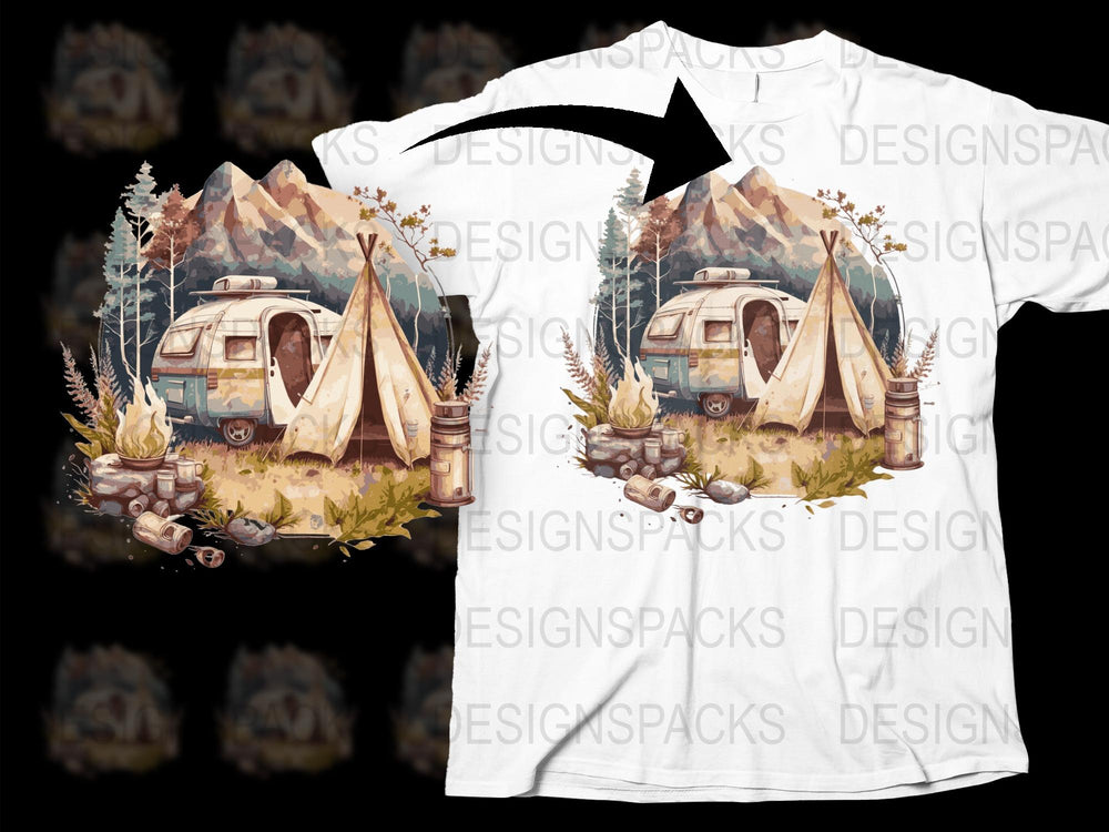 Vintage Camper T-Shirt, Nature Camping Graphic Tee, Mountain and Forest Print, Outdoor Adventure Apparel