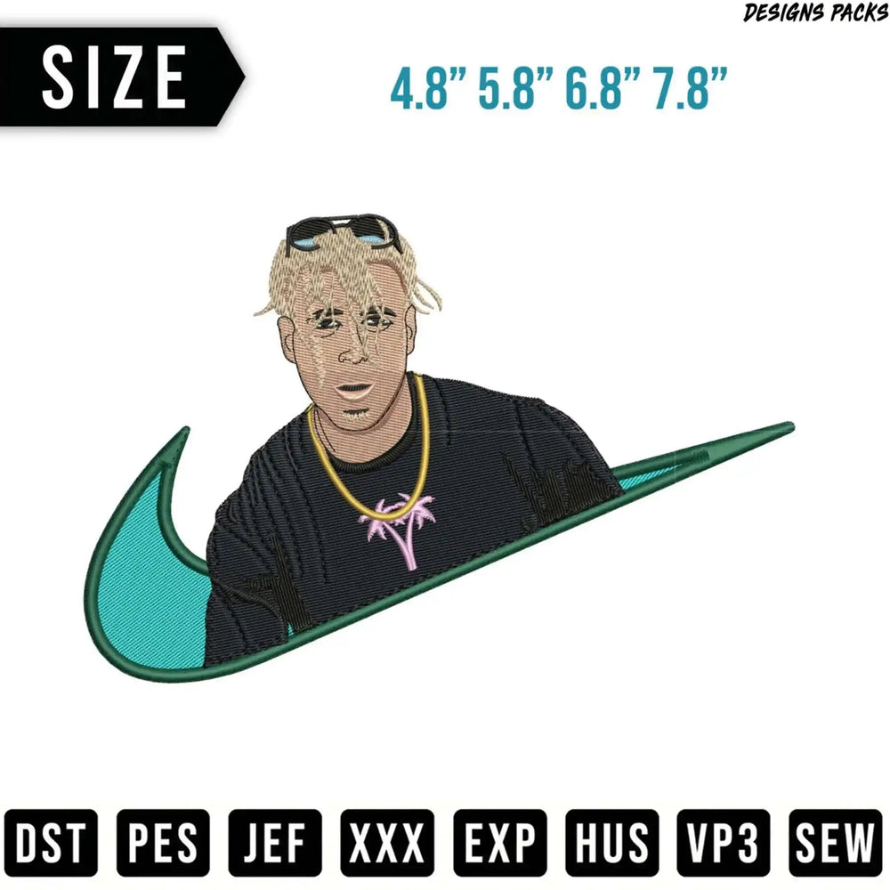 Man with blonde hair and pink palm tree necklace, Nike swoosh.