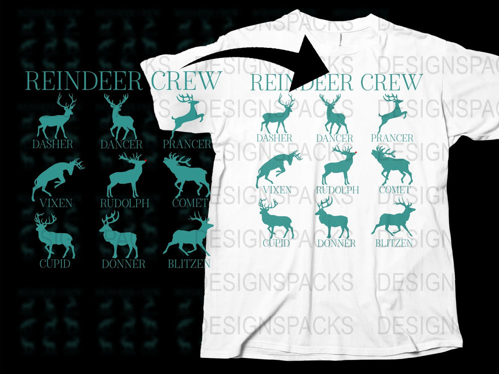 Reindeer Names Christmas T-Shirt, Festive Holiday Tee, Dasher Rudolph Vixen Graphic Shirt