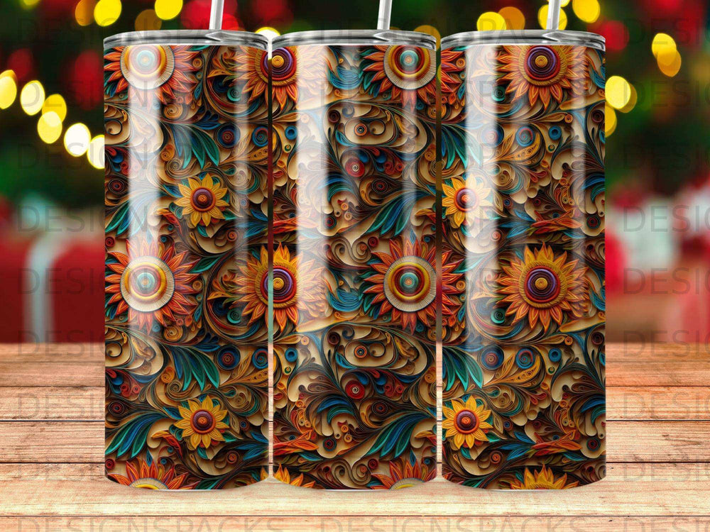 Floral pattern tumbler with straws, vibrant colors, bokeh background.