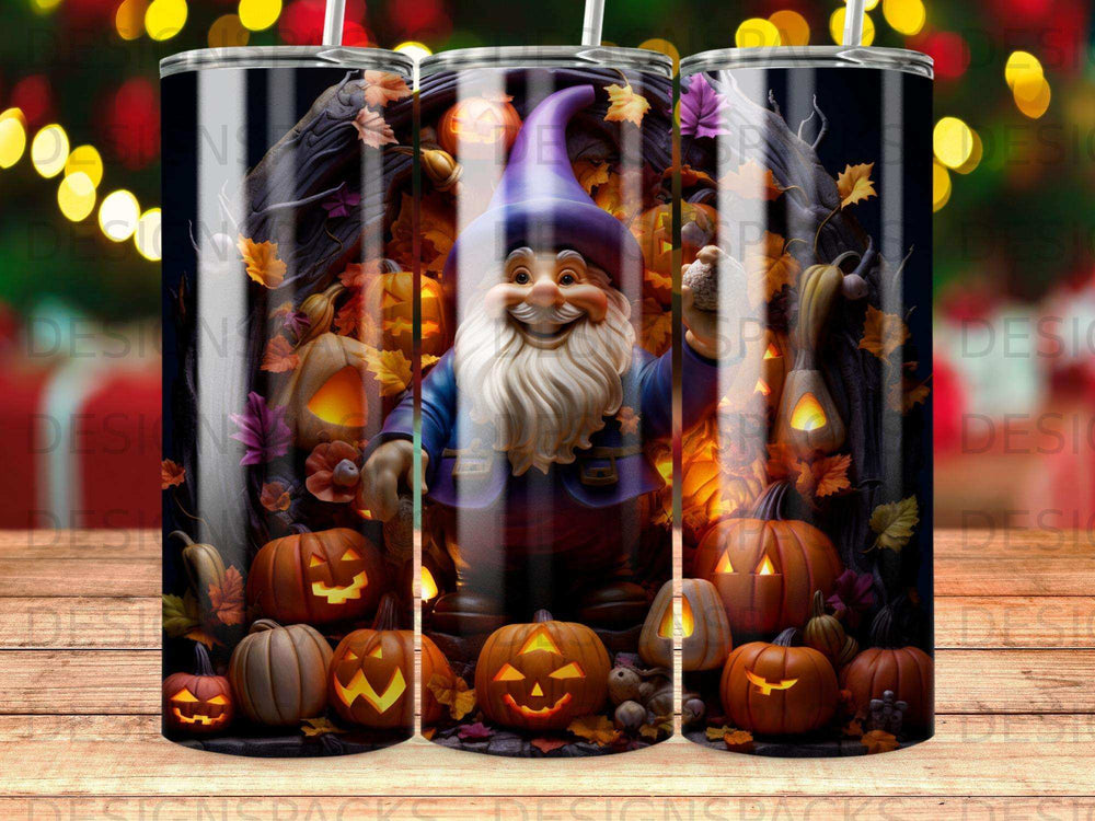 Gnome with pumpkins and Halloween decorations.