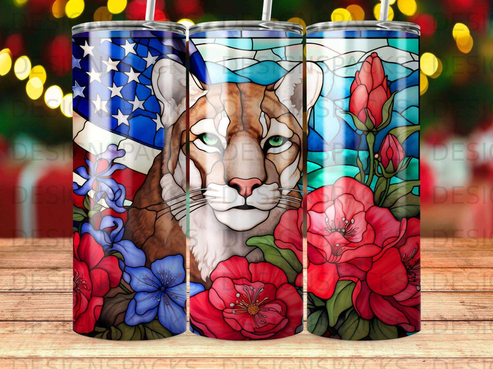 Stained glass mountain lion and American flag with red and blue flowers.