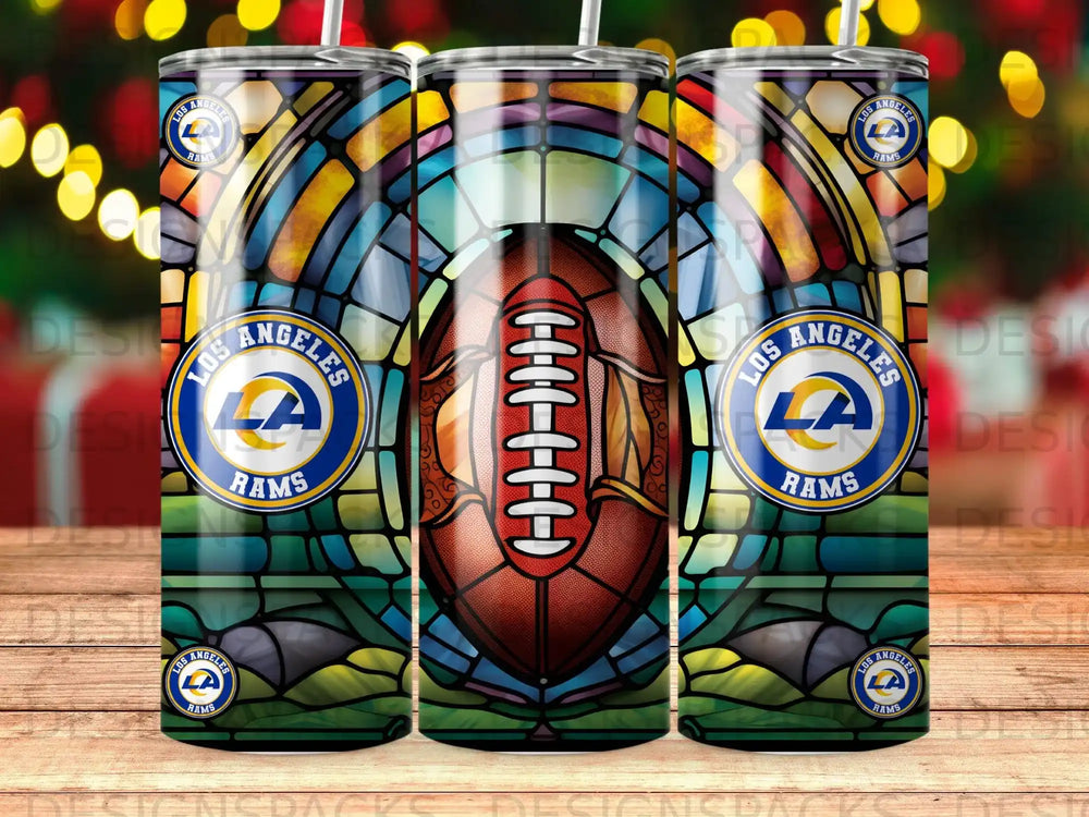 Los Angeles Rams football in stained glass pattern on three tumblers.