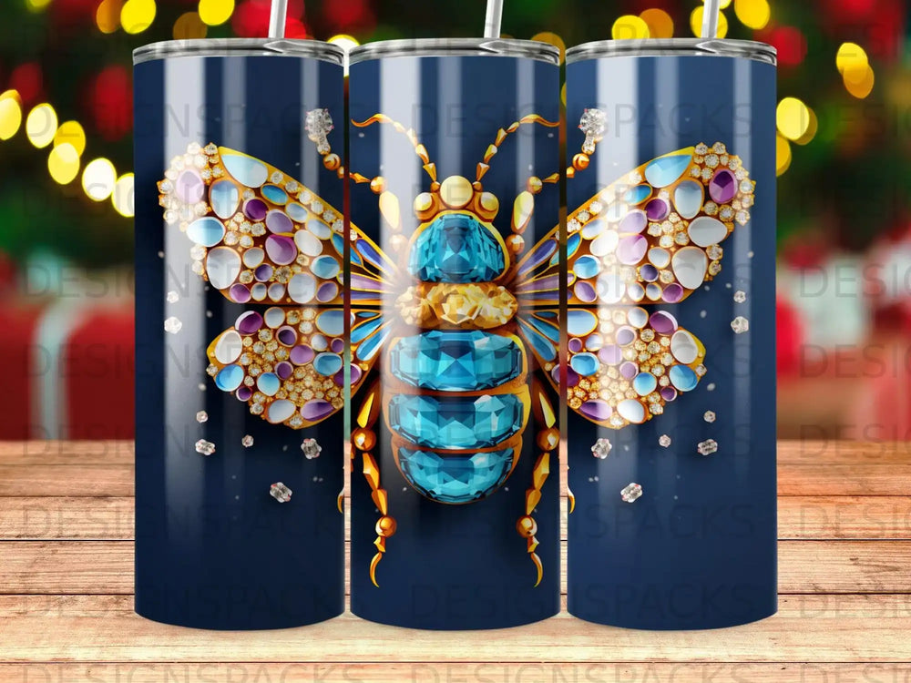 Blue bee adorned with colorful gems on a dark blue background.