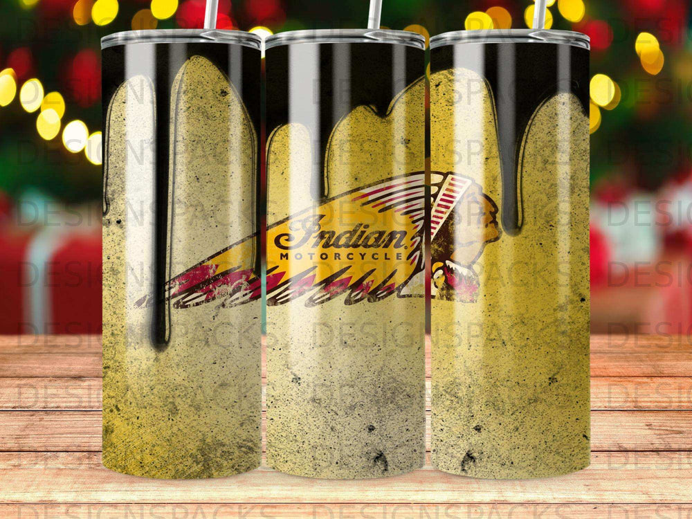 Indian Motorcycle logo on a dripping black and gold textured tumbler.