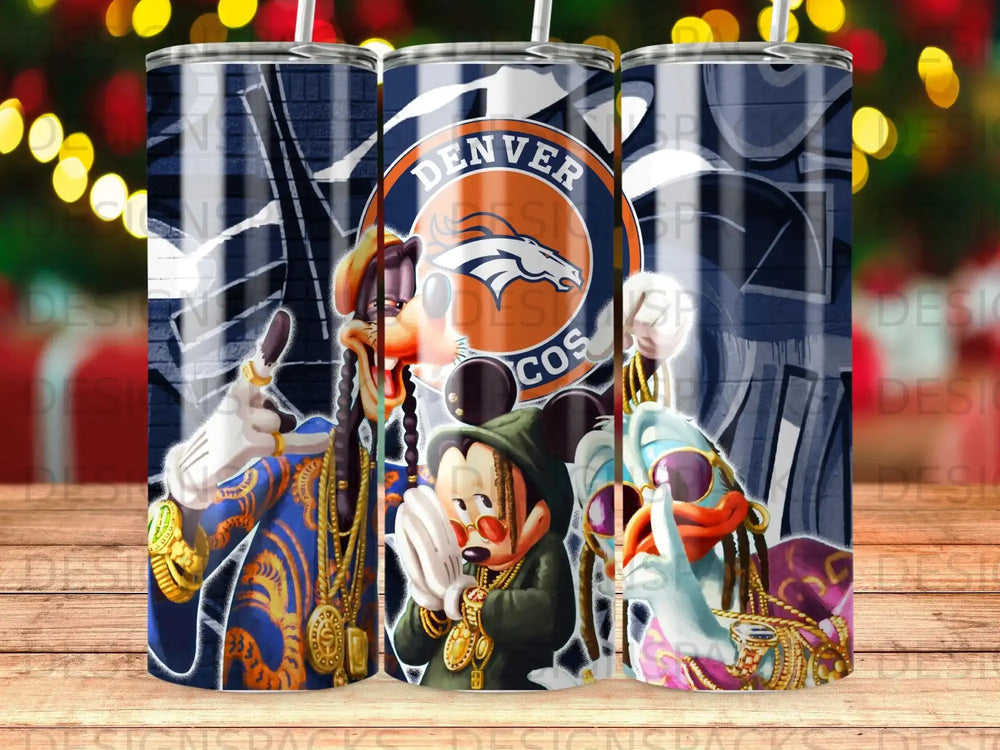 Denver Broncos themed tumbler with cartoon characters.