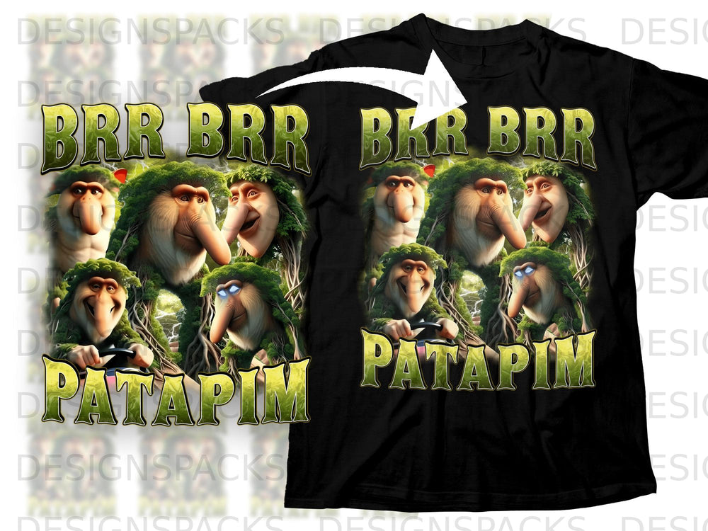 Black t-shirt with "BRR BRR" and "PATAPIM" text and cartoon proboscis monkeys.