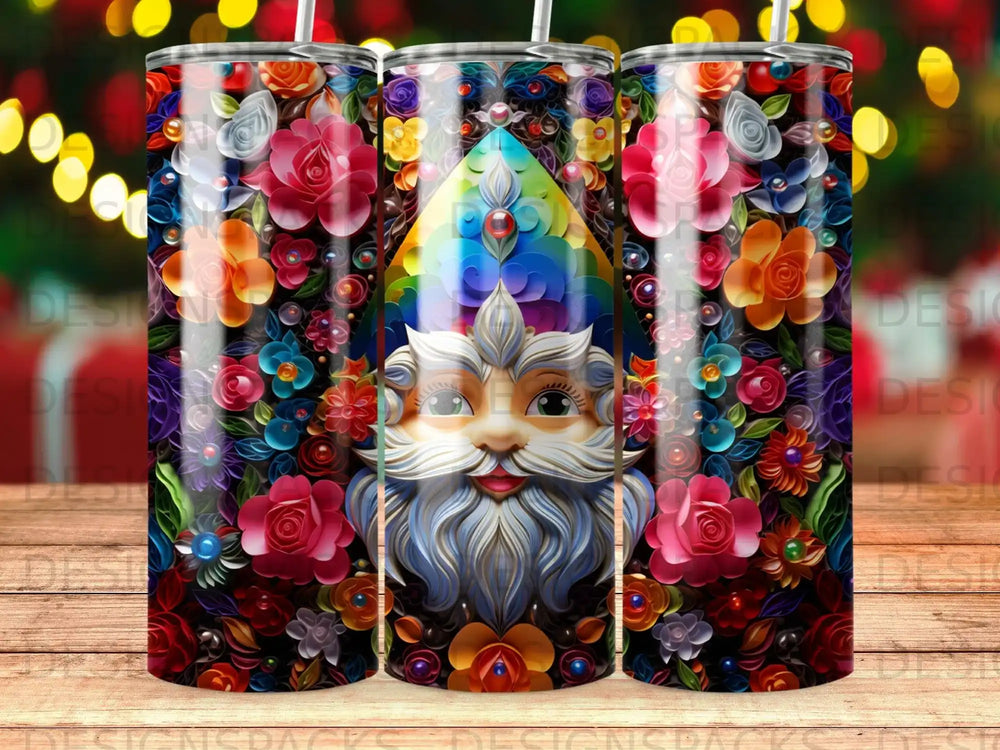 Santa Claus with colorful floral patterns on a tumbler.