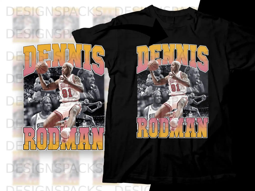 Dennis Rodman t-shirt with a player image and "DENNIS RODMAN" text.