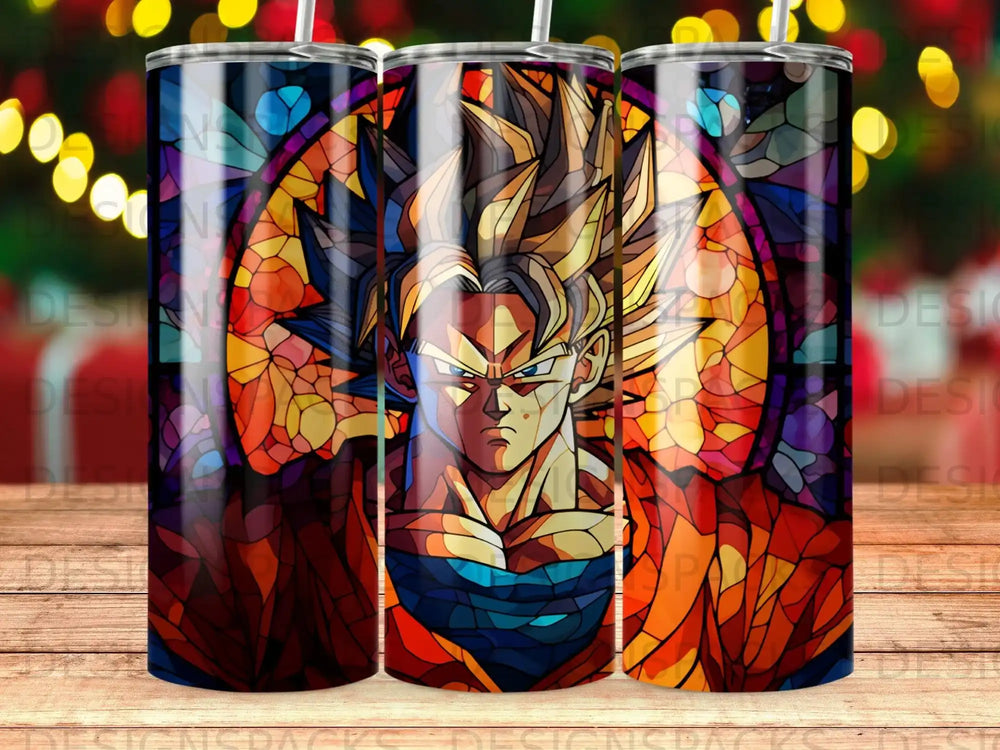 Stained glass tumbler featuring Goku from Dragon Ball Z.