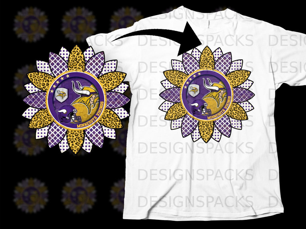 Minnesota Vikings logo within a sunflower design with leopard and purple patterned petals.