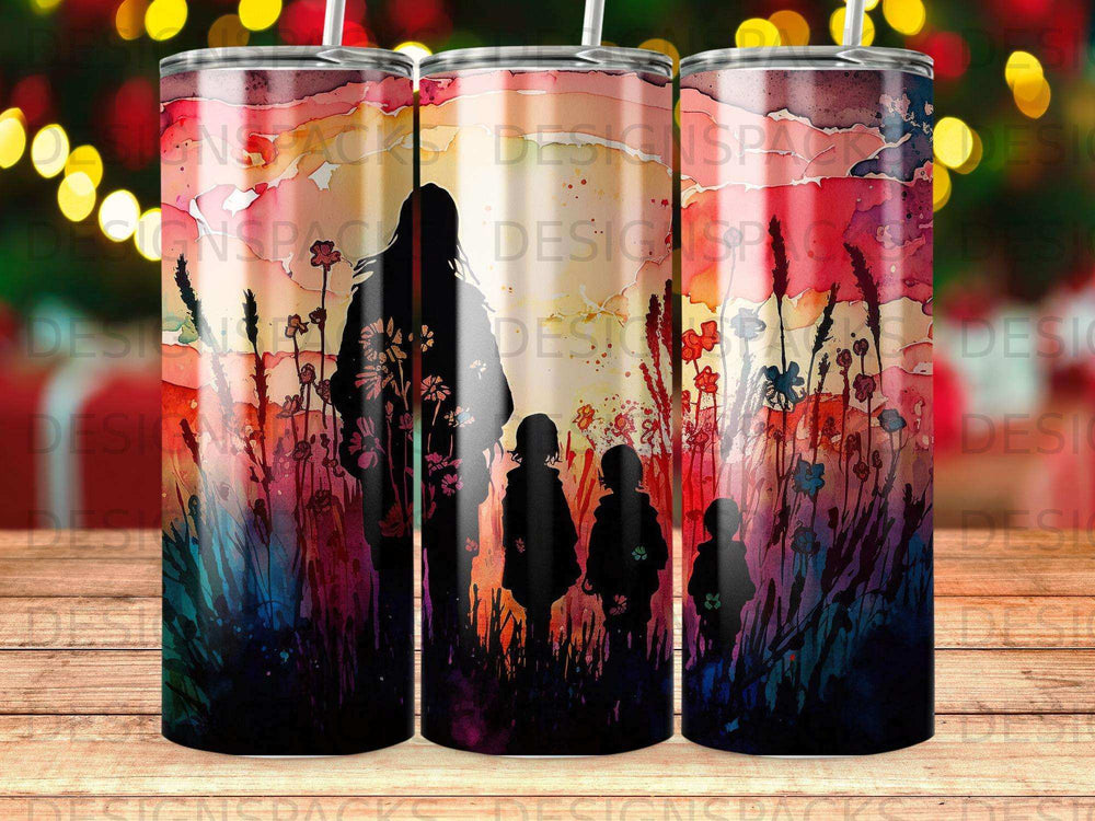 Silhouetted family with children walks through a colorful, abstract landscape at sunset.