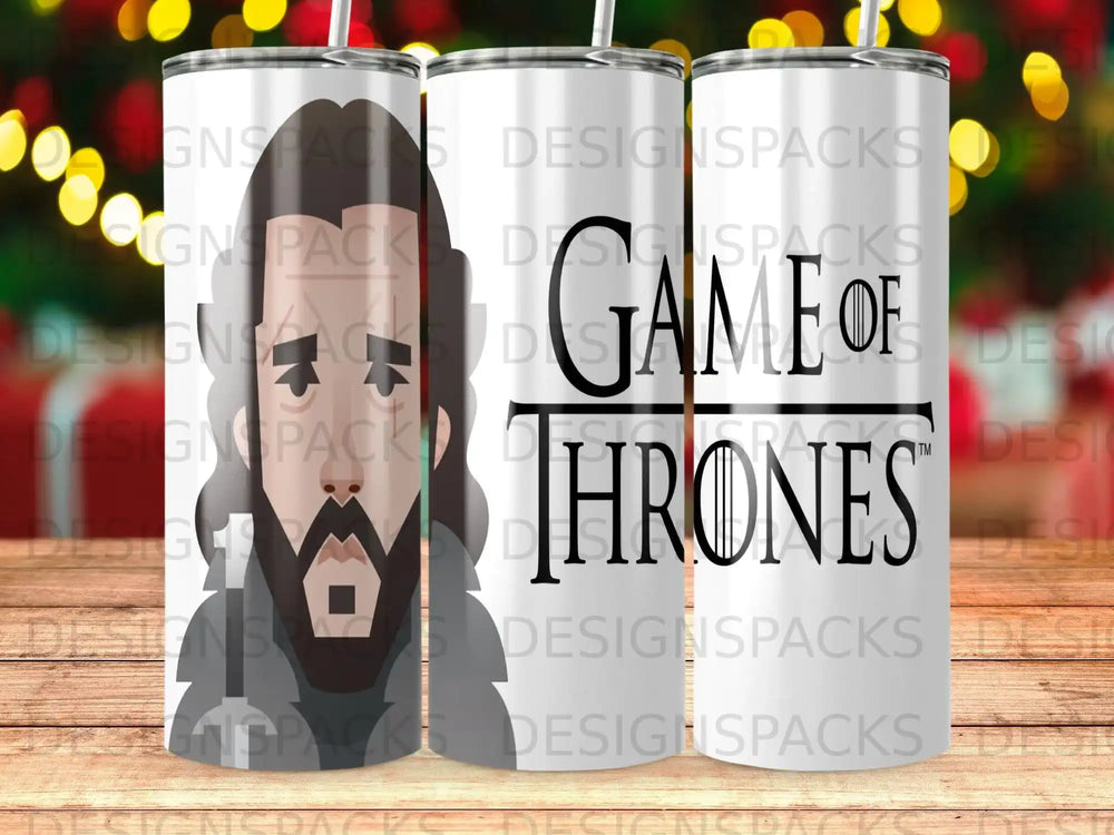 Game of Thrones tumbler with white background and logos.