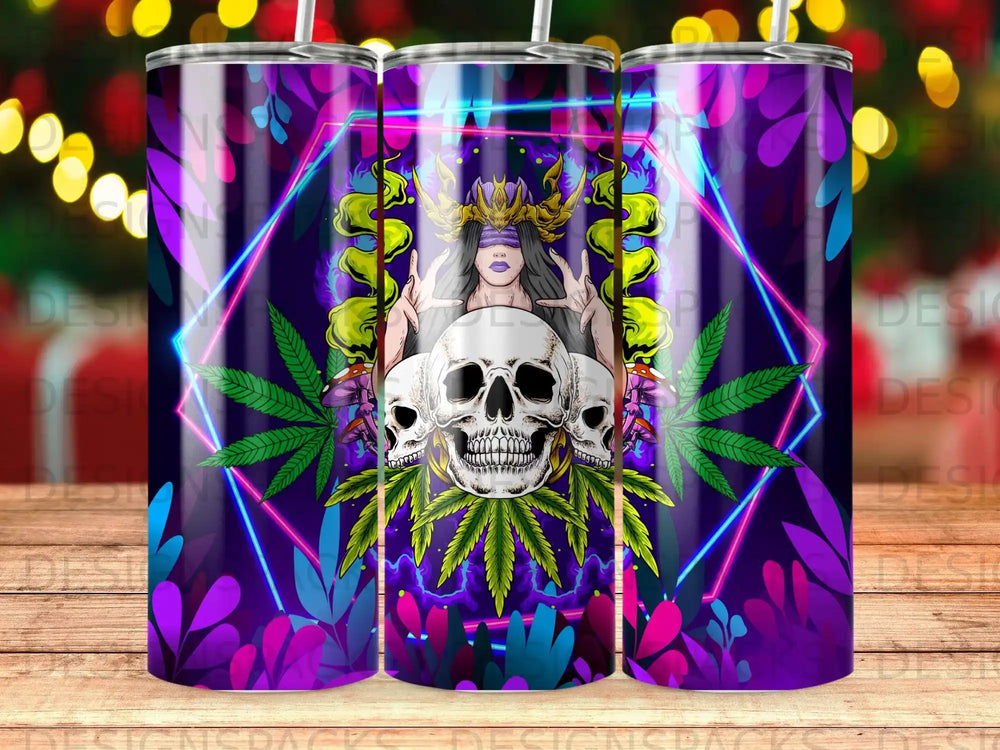 Skull and cannabis leaves against a neon geometric background.