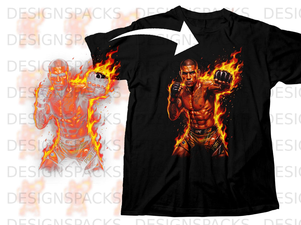 Black t-shirt with fighter graphic surrounded by flames.