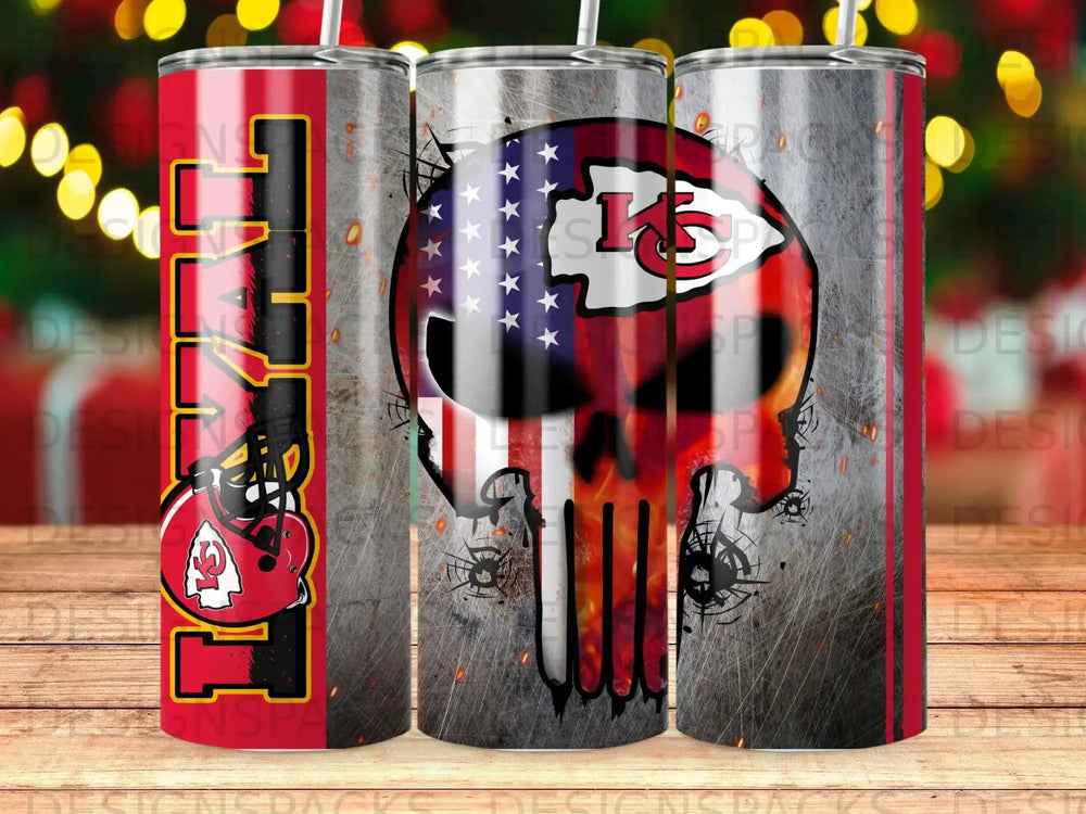 Kansas City Chiefs skull with American flag, helmet, and distressed metal background.