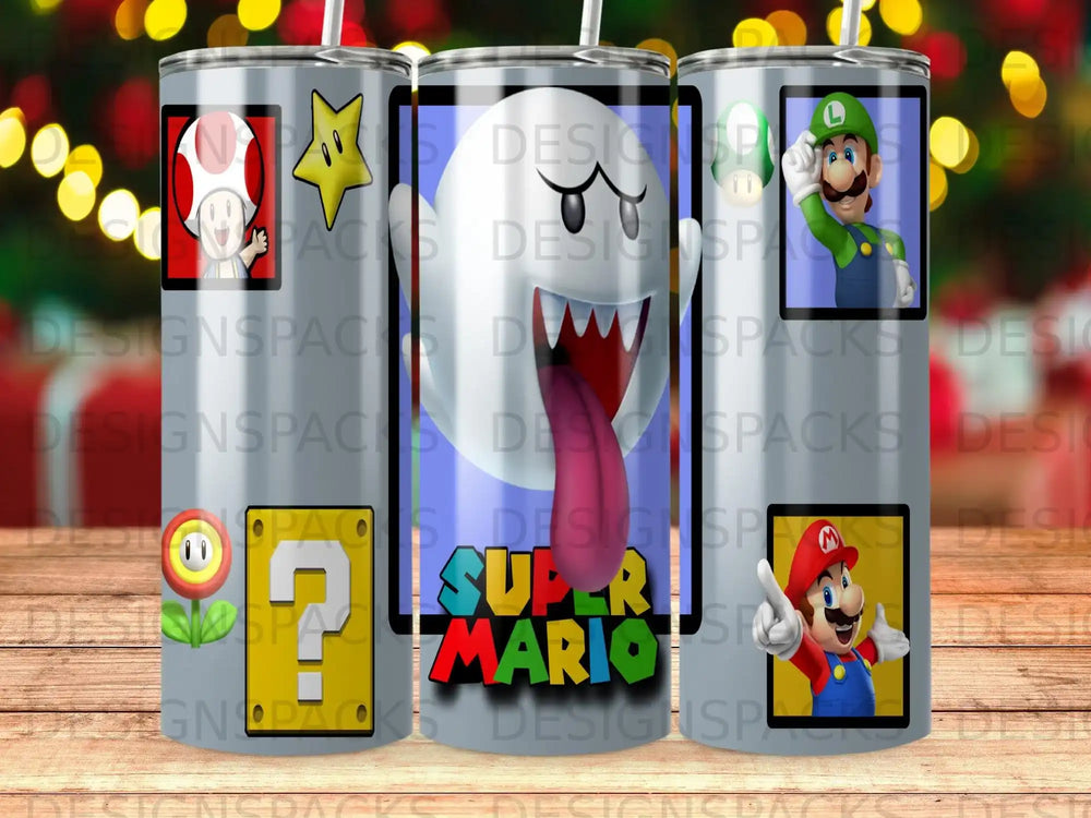 Super Mario characters and logo on a gray, metallic tumbler.