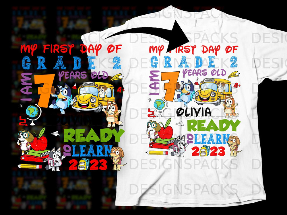 Bluey characters with school bus, books, and "My First Day 7 Years Old" text.