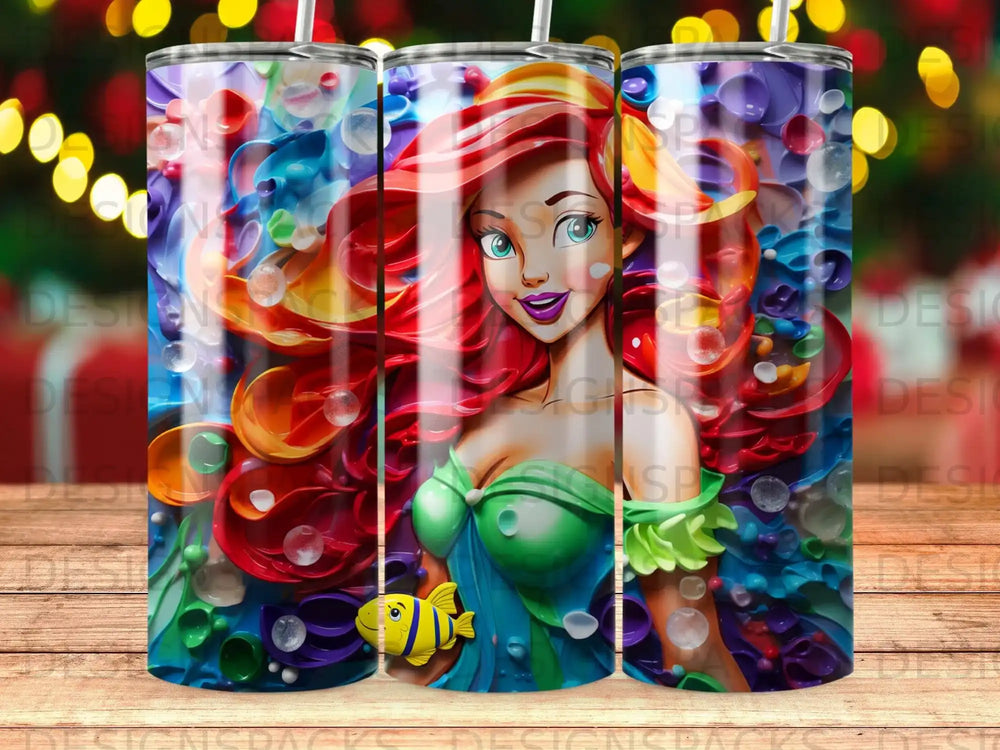 Ariel from The Little Mermaid smiles with a yellow fish against a bubbly underwater background.