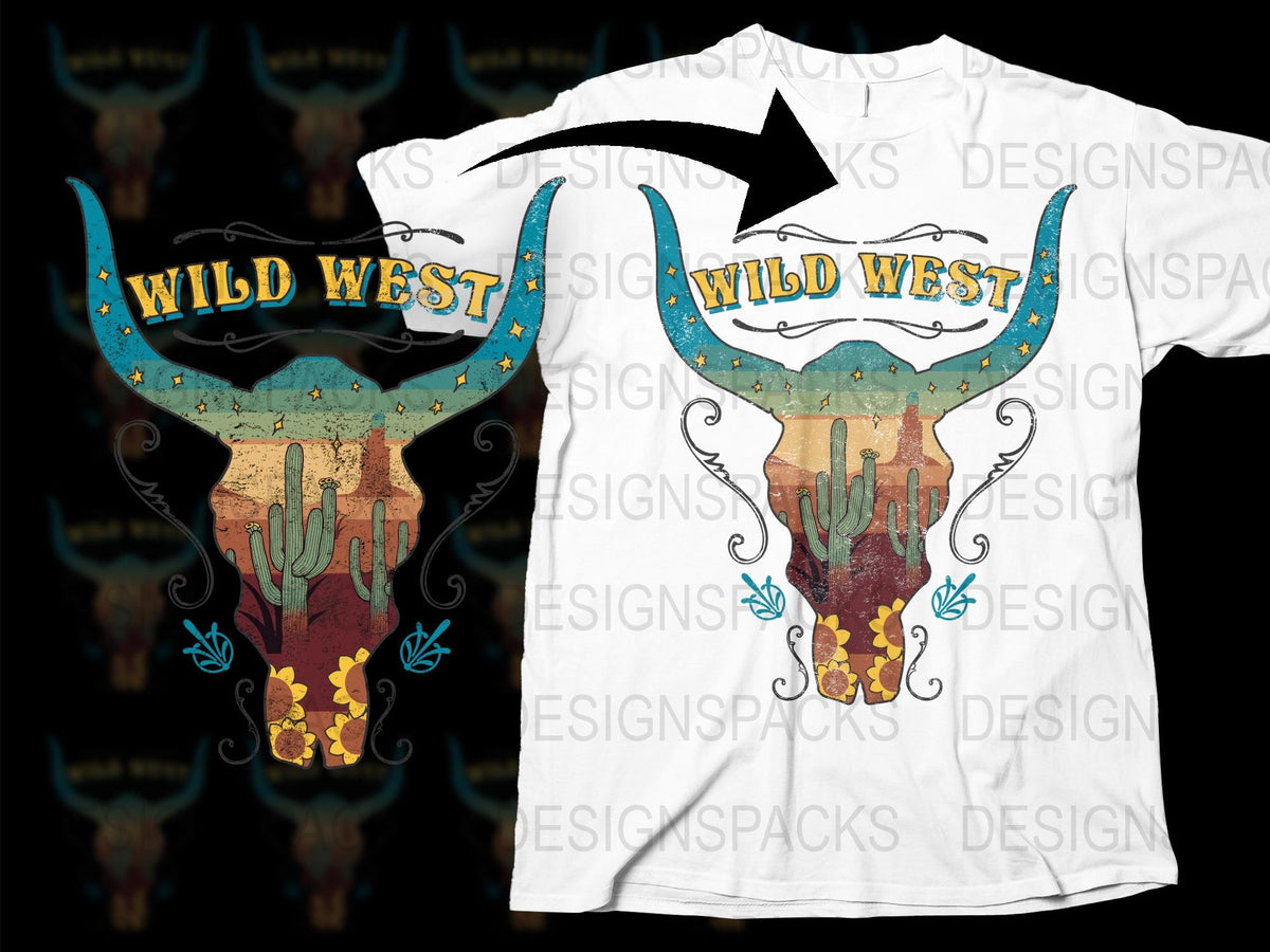 Wild West Bull Skull T-Shirt, Vintage Cowboy Graphic Tee, Southwestern Style, Unisex Adult Clothing