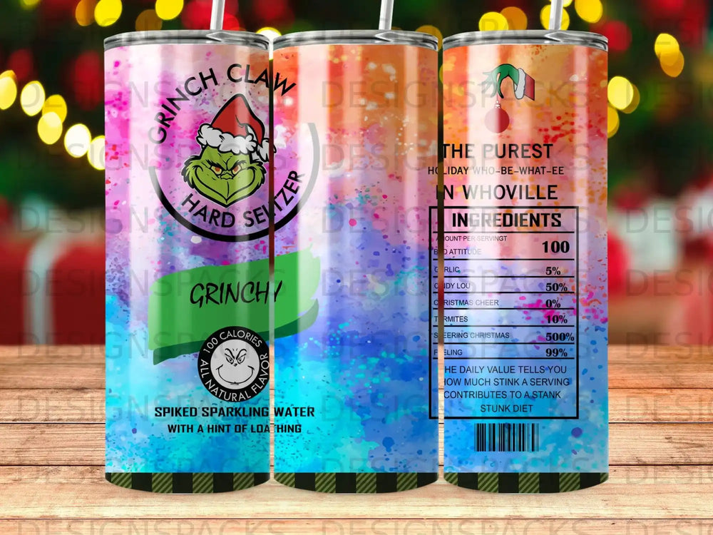 Grinch Claw Hard Seltzer with "In Whoville" ingredient list and 100 calories.