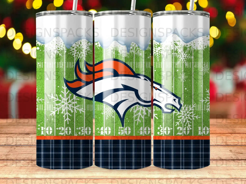 Denver Broncos logo on plaid and snowflake patterned tumbler.