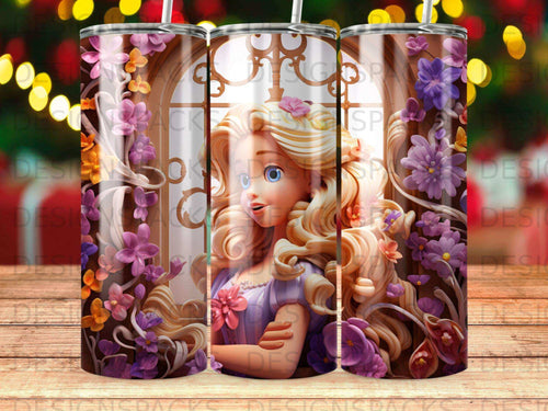 Cartoon girl with blonde hair and purple flowers around a window.