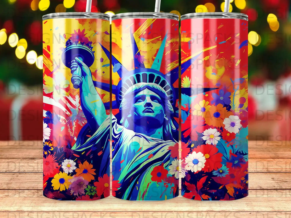 Statue of Liberty with colorful floral accents and festive lights.