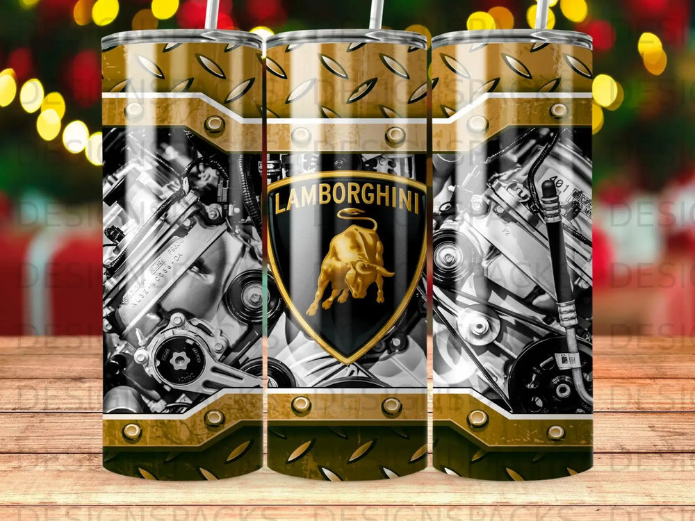 Lamborghini engine with gold diamond plate pattern and logo.