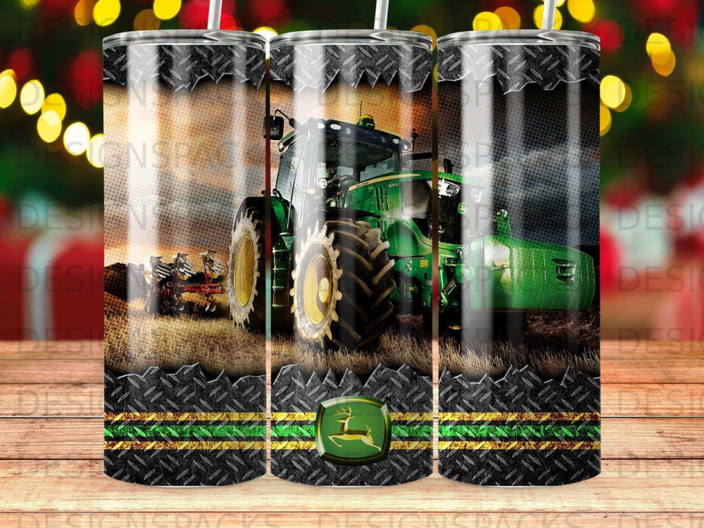 Green tractor with John Deere logo on a textured background.