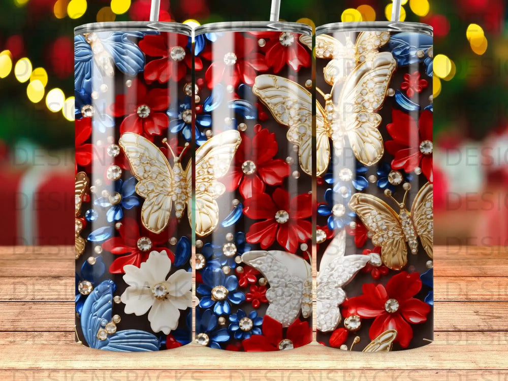 Gold and white butterflies amidst red, white, and blue flowers on a dark background.