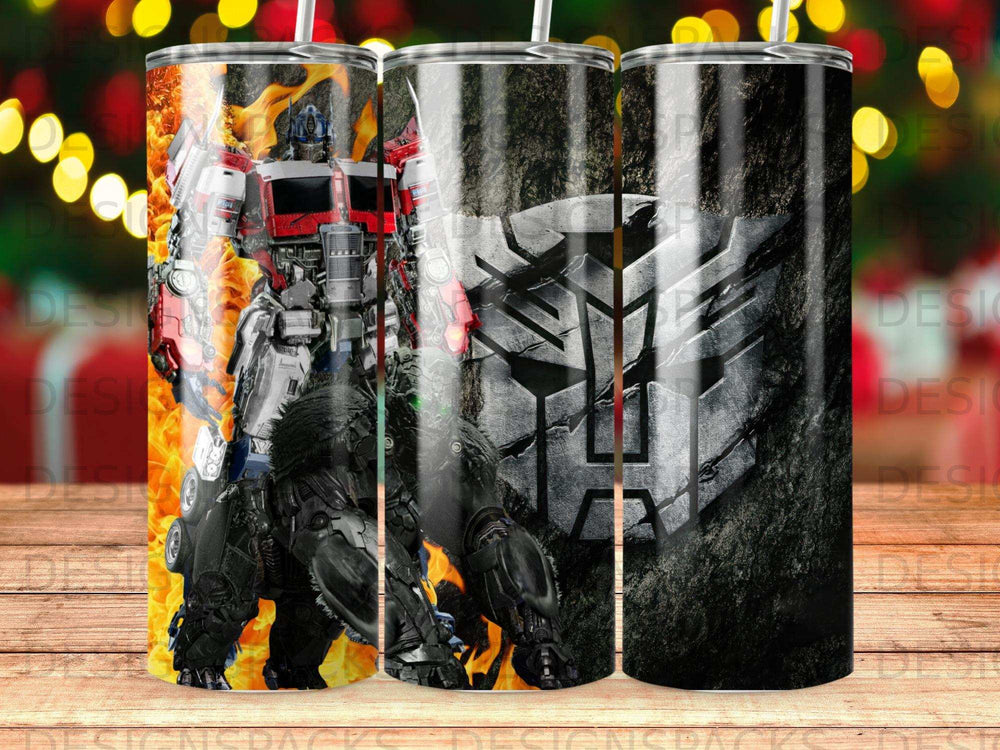 Optimus Prime and a gorilla with Transformers logo on tumbler.