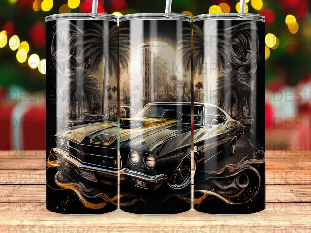 Black classic car with gold accents parked in a city scene.