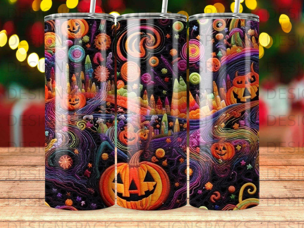 Halloween-themed tumbler with pumpkins, swirls, and colorful abstract designs.