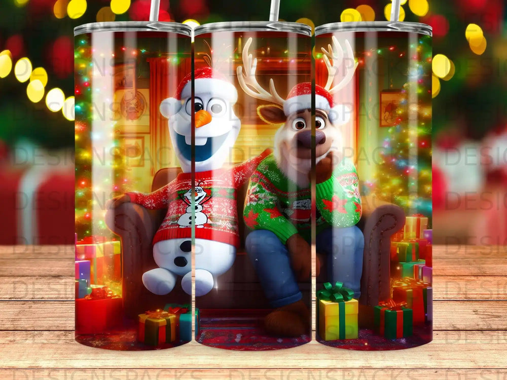 Olaf and Sven from Frozen in holiday sweaters sitting with gifts.