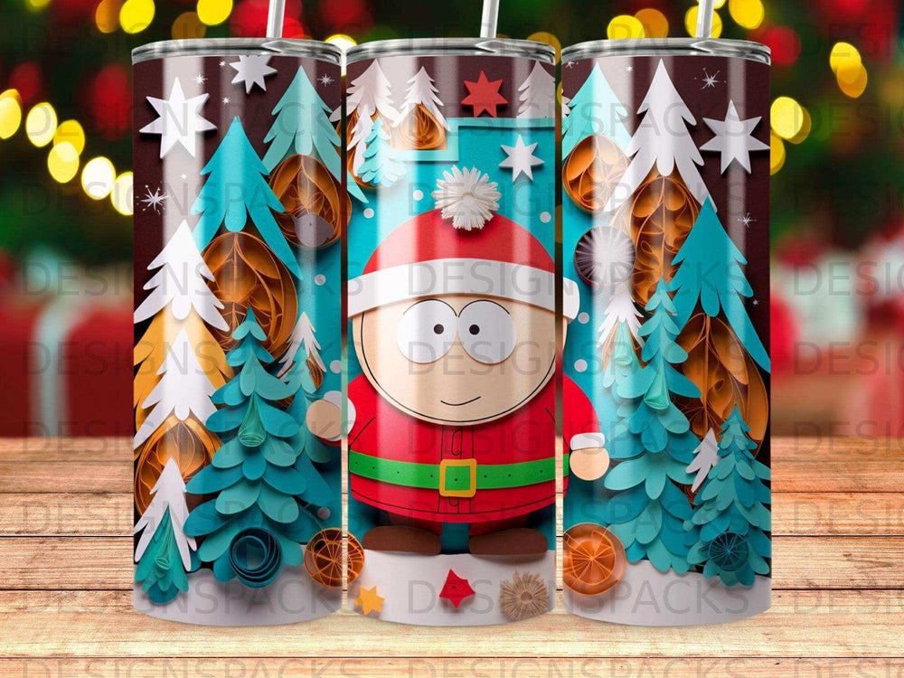 South Park character Randy Marsh in a Santa hat and suit, surrounded by snowy trees.