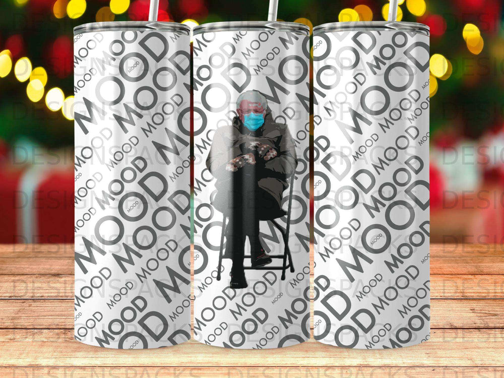 Man in mask sitting on stool, surrounded by "MOOD" text pattern.