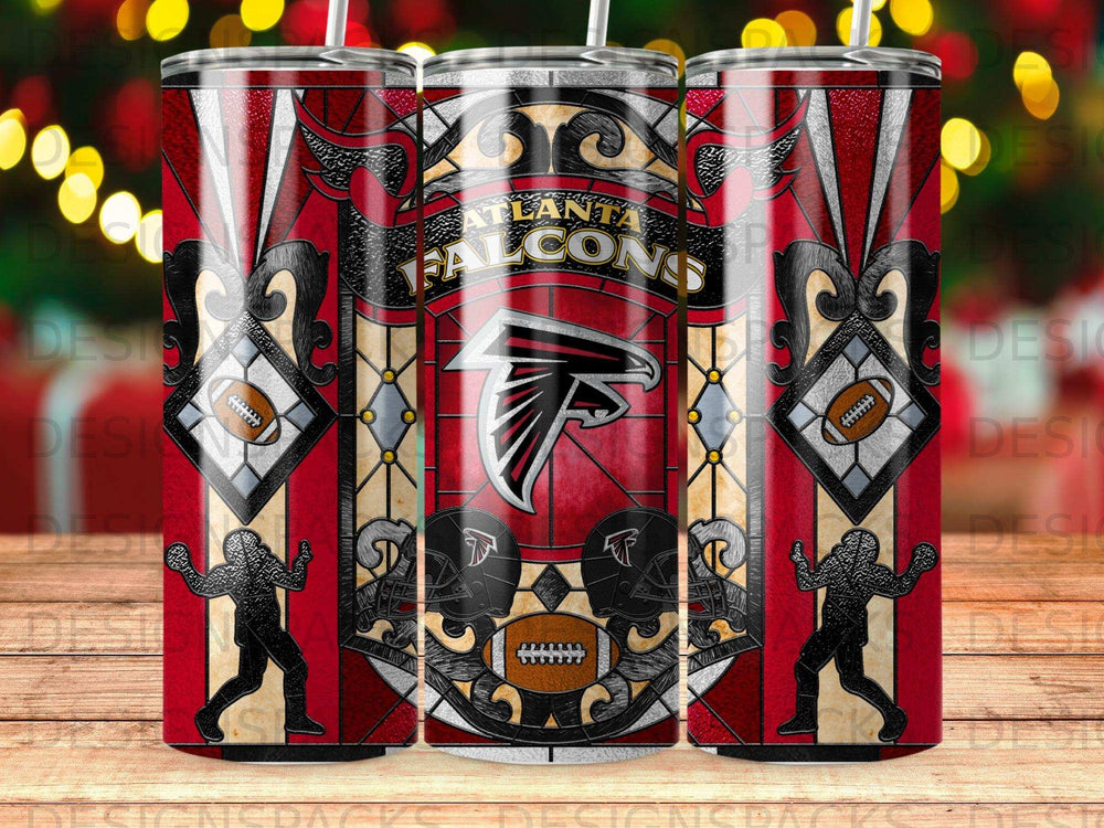 Atlanta Falcons stained glass tumbler with football motifs and team logos.