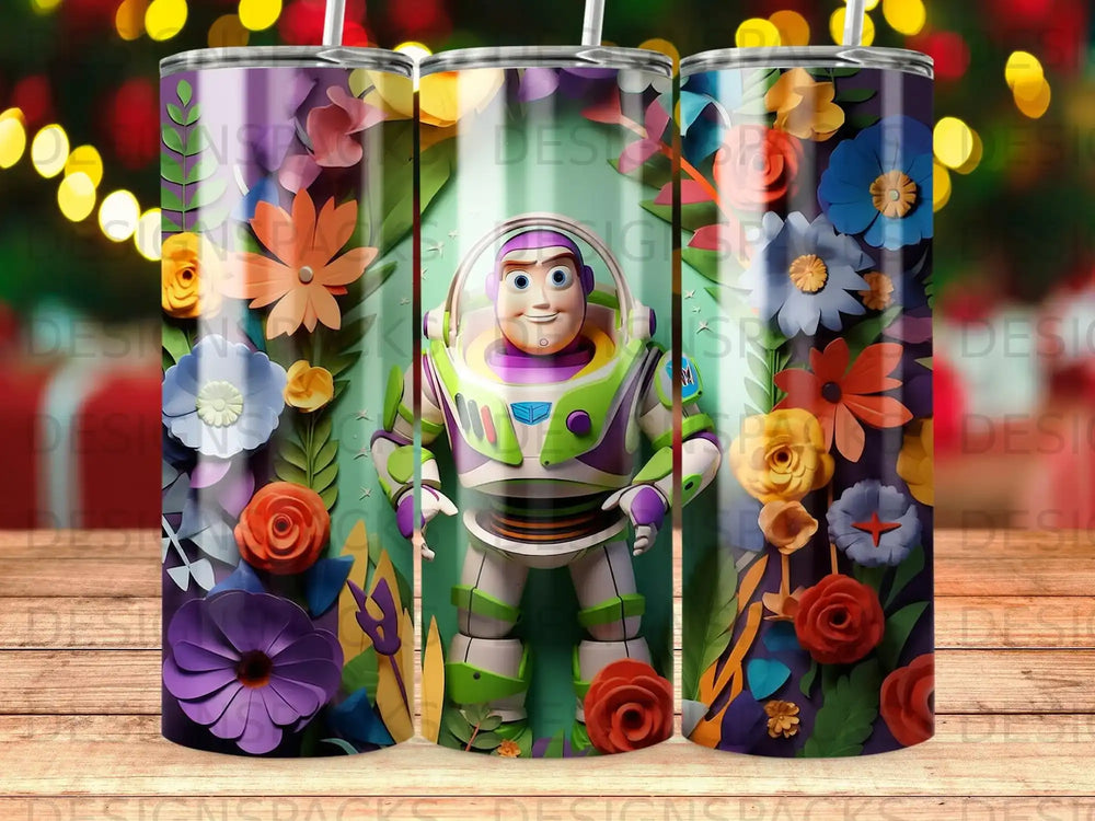 Buzz Lightyear in armor with colorful floral background on a tumbler.