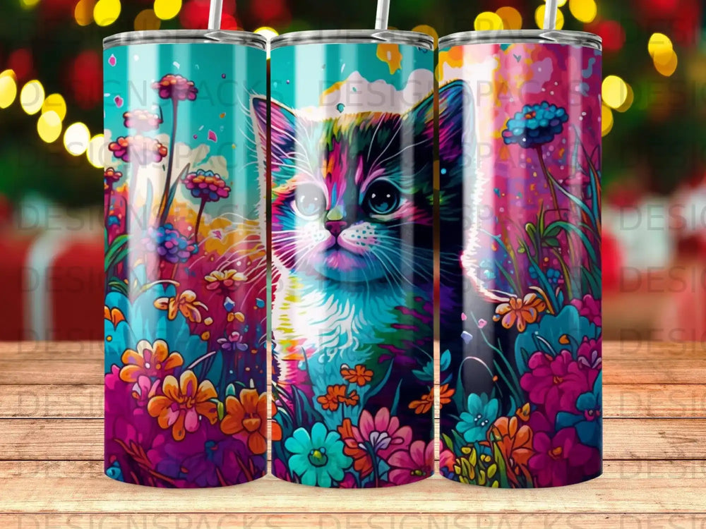 Colorful kitten with floral background on three tumblers.