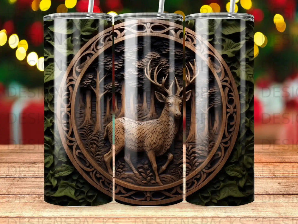 Wood carved deer in forest scene on a cylindrical tumbler with bokeh lights background.